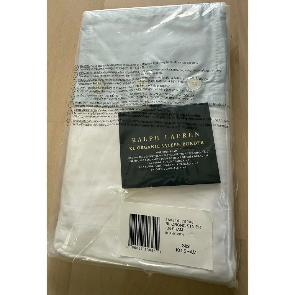 Ralph Lauren Palmer Percale‎ King Sham Organic Cotton Hyacinth Lt Blue Trim